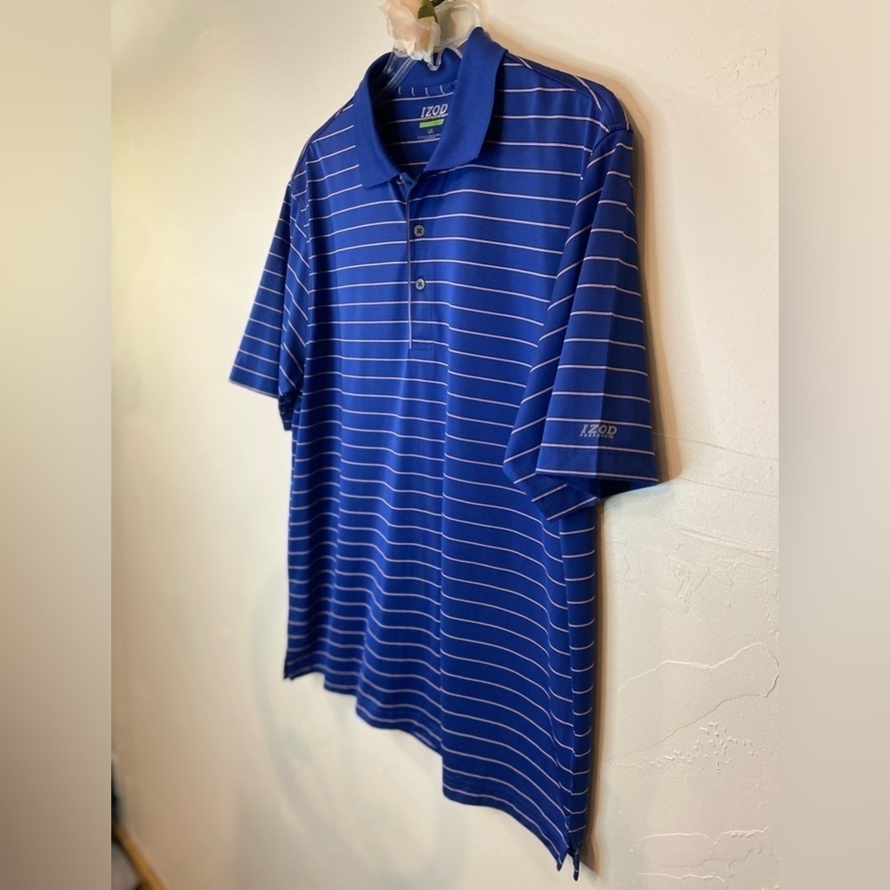 IZOD Perform Golf~Polo Shirt~Blue w/Black, Orange & Cream Stripes~Size L
